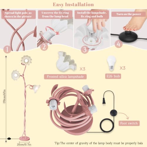 Image of Flower Standing Lamp for Bedroom, Cute Corner Floor Lamp with Flexible Gooseneck, 3 Light Floor Reading Lamp with 3 Color Temperatures, Bulbs Included, Tall Floor Lamp for Living Room Corner(Pink)