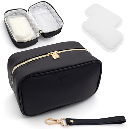 Image of Breast Milk Cooler - Waterproof Breastmilk Storage Bag w/Ice Pack, Checkerboard Interior, Leather Strap, Versatile Insulated Cooler, Deal Baby Travel Essentials (Black)