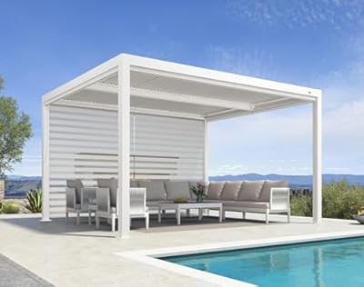 PURPLE LEAF Outdoor Louvered Pergola 11' x 13' White Aluminum Pergola with Roller Blind Adjustable Rainproof Gazebo for Patio Deck Garden, 1 Long Side