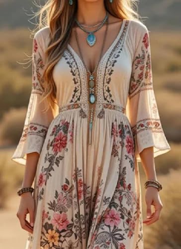 Womens Flowy Tiered Midi Dress 3/4 Sleeve Summer Sundresses Floral Print Boho V-Neck Dress Beach Slit Dresses3