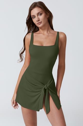 Image of QINSEN Square Neck Swim Dress for Women Tummy Control One Piece Swimsuit Wrap Bathing Suit