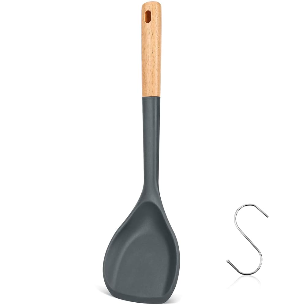 Espátula de wok, espátula de silicona con mango de madera resistente al calor, utensilios de cocina, cuchara para recoger, voltear, agitar, cocinar antiadherente duradero sin BPA, 13.2 pulgadas