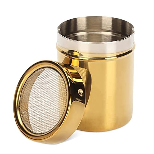 Stainless Steel Dredge Shaker, Powder Sugar Dispenser Fine Mesh Powder Sugar Shaker with Lid Gold Salt and Pepper Shakers for Kitchen Powdered Sugar Shaker