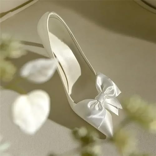 Women's Elegant Satin Bow Tie Closed Toe White Heels Comfortable Formal Dress Stiletto High Heels Pumps Wedding Shoes2