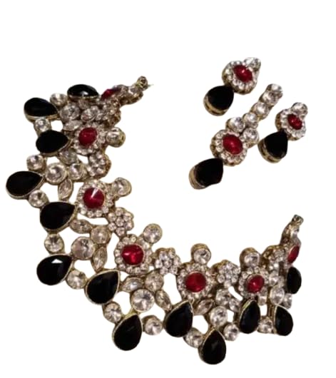 Juego de collar y pendientes de cristal floral en tono dorado con diamantes negros y rojos