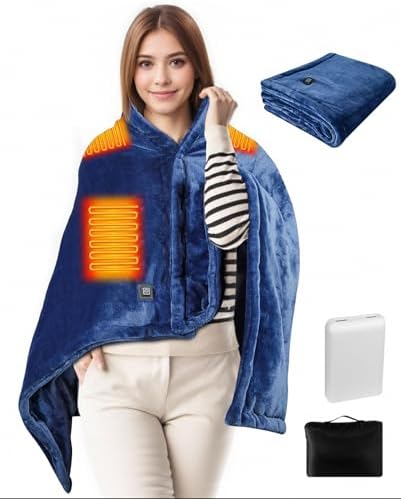 Cordless Wearable Heated Blanket, Heated Blanket Battery Operated with Power Bank, USB Heating Throw Shawls Portable Electric Blanket with 3 Heating Levels for Home Office Outdoor (Navy Blue)