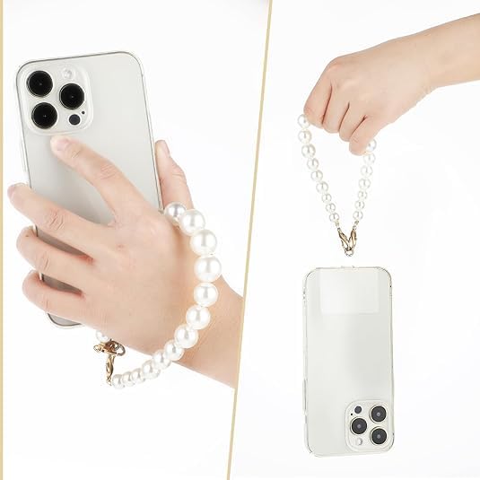 Image of KHOLAD White Bow Phone Chain Crossbody Pearl Strap | 2in1 Wrist & Shouler Crossbody Lanyard | Pearl Beads Charms Chain with Phone Tether Patches | Compatible with Most Phones, Bag, Purse