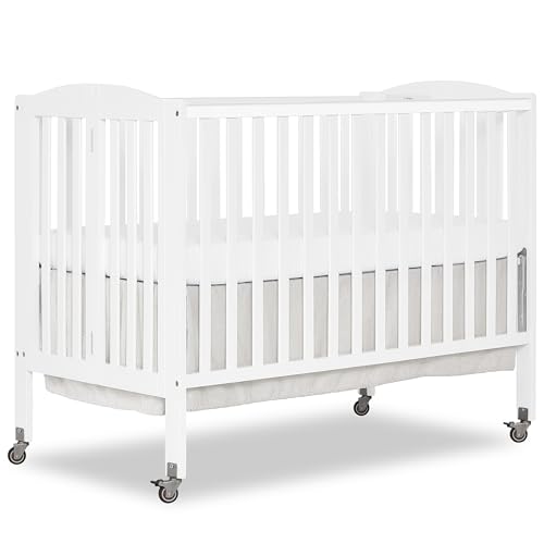 Dream On Me Full-Size 2-in-1 Folding Baby Crib in White, GreenGuard Gold & BSA, Portable, Patented Quick Folding System, Strong Wheels, 2 Adjustable Mattress Heights
