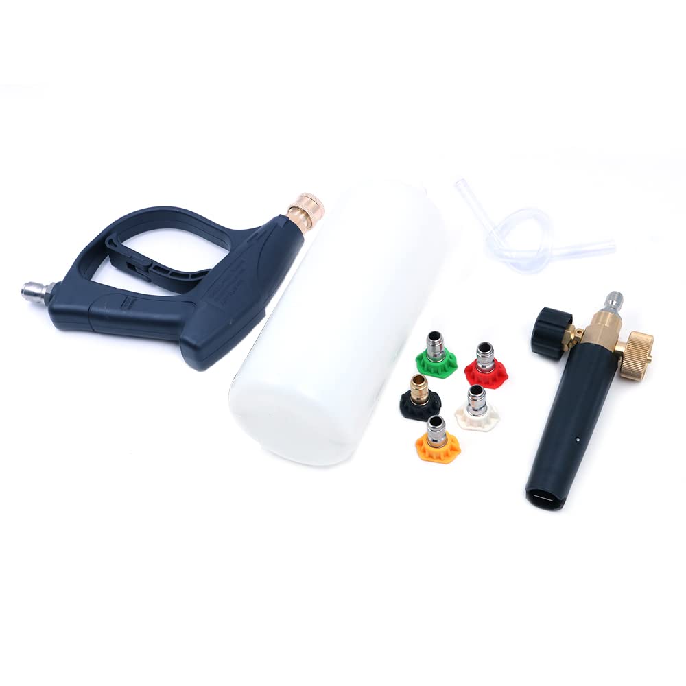 Foam Cannon 3/8 Zoll Schnellverbinder Pistole Kit 1L Schneeschaumlanze Schaum Blaster Hochdruck-Autowaschpistole Einstellbare Jet Wash Schnellspanner, 3000 PSI, mit 5 Düsenspitzen