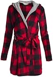 Lucky Brand Women's Bathrobe - Fleece Shawl Collar Belted Robe with Hood, Size Large, Black/Red