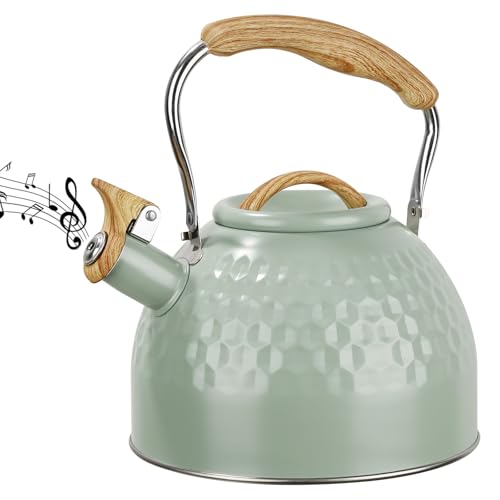 Stainless Steel Whistling Tea Kettle 3 L Tea Kettle Stovetop Teapot Hot Water Kettle w Whistle Spout Fast Boiling Electric Kettle Stove Top Food Grade Coffee Milk Kettle Pot Folding Handle -Green
