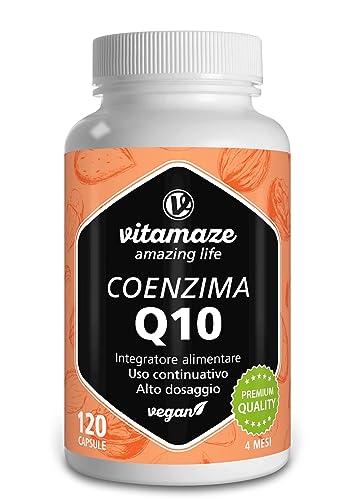 Vitamaze® Coenzima Q10 200 mg per Capsula Vegano, 120 Capsule per 4 Mesi, Ubichinone con la Migliore Biodisponibilità, Integratore Alimentare senza Additivi non Necessari, Qualità Tedesca