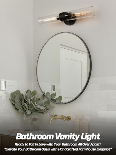 Image of 2-Lights Modern Wall Sconces Black Bathroom Vanity Light with Handblown Clear Glass Hardwired Wall Sconce Light for Bathroom Mirror Bedroom Livingroom Hallway Indoor