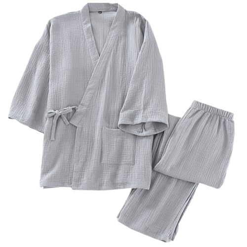 Bata de algodón transpirable estilo japonés tipo kimono gris para hombre en talla L