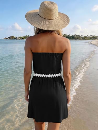 Image of SAUKOLE Summer Dresses for Women Bandeau Strapless Smocked Elastic Waist Sundress Tube Mini Dress with Pockets