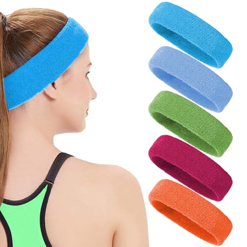 Set di 5 fasce sportive per uomo e donna, in cotone, per sudore, in spugna, per tennis, ginnastica, working out