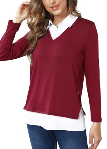 Image of Vldnery Womens Fall Winter Sweater 2025 Trendy Clothes Oversized V Neck Long Sleeve Shirts 2 in 1 Outfit Casual Pullover Tops