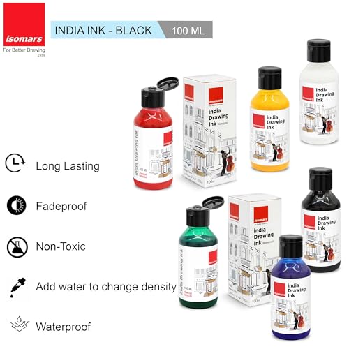 Image of Isomars India Drawing Ink Set 6 Colours - 100ml Bottled Ink (Set of 6 (100ml), Deep Black, Primary Blue, Crimson Red, Forest Green, Titanium White, Primary Yellow)