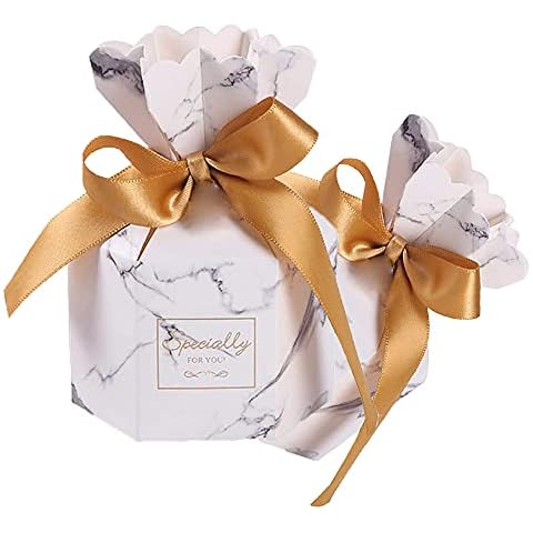 50 Pieces Wedding Candy Box, Candy Paper Box, Small Candy Box, Small Gift Paper Box, Small Treat Gift Box, Hexagon Vase Shaped Gift Box with Ribbon for Candy, Chocolate, Engagement, Birthday, Party Cover