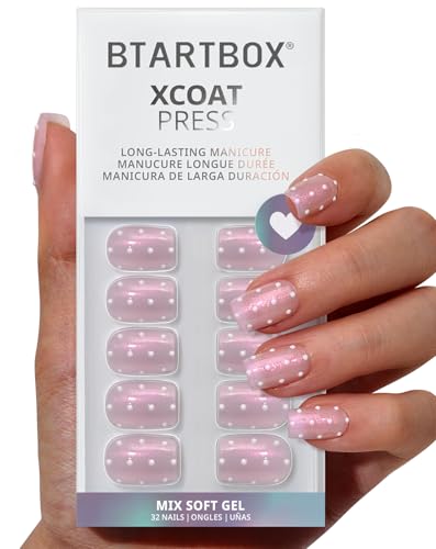 BTArtbox Press On Nails Short - Sugar Pop Lamp-Curable Polka Dot Glitter Square Press On Nails with Glue and Adhesive Tabs for Women in 16 Sizes - 32 Soft Gel Glue On Nails Kit