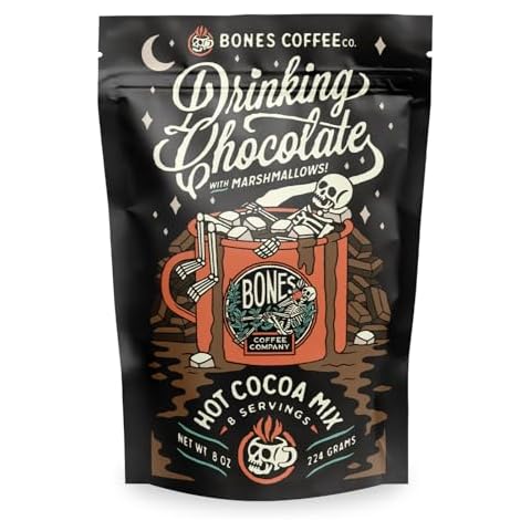 Bones Coffee Company Hot Chocolate Mix – Dairy Free Hot Cocoa with Natural Cane Sugar & Cacao Powder Arriba Nacional Drinking Chocolate with Mini Marshmallows, 8 Servings Cover