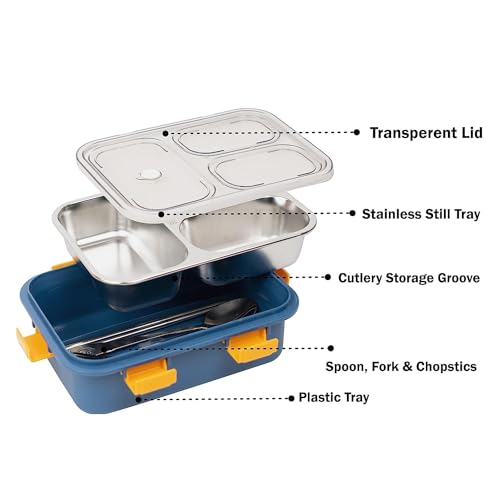 PRIME DEALS Lunch Box Sealed Leakage Proof Stainless Steel Lunch Box with Fork,Chopstick & Spoon Lid Office Food Container 3 Compartment for School Kids and Adults, 750ml (3 Compartment, Blue) - Image 4