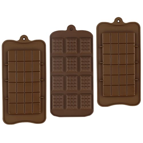 LONGDENEKHALIQ 3 Pcs Silicone Break-Apart Chocolate Moulds Brown Rectangular/Square Non-Stick Reusable DIY Baking Molds