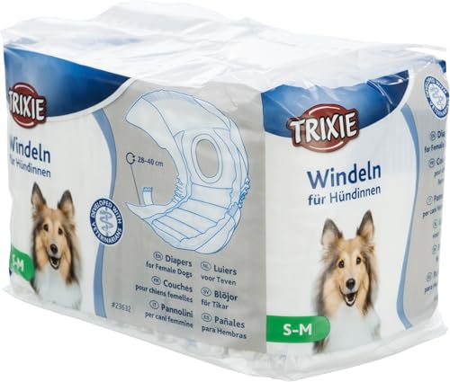 TRIXIE Windeln für Hündinnen Größe S-M - Saugfähige Hundewindeln bei Inkontinenz & Läufigkeit - 12 St. mit Gummizug für mehr Komfort, 28-40 cm Taillenumfang - 23632