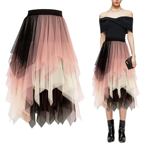 Baogaier Falda Tul Mujer, Elegante Tutu Cintura Elástica Midi Falda Irregular Bajo la Falda en Múltiples Capas Falda Plisado A-Line, Carnaval Fiesta Bodas Disfraz, Rosa-Blanco Negro