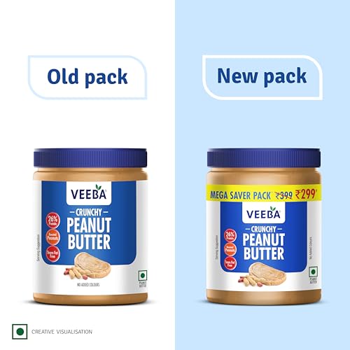 Image of VEEBA Crunchy Peanut Butter| High Protein|Naturally Gluten Free|Vegan|Trans Fat Free|No Added Preservatives|No Added Colour&Flavour|Non Gmo|900G (Pack of 3)