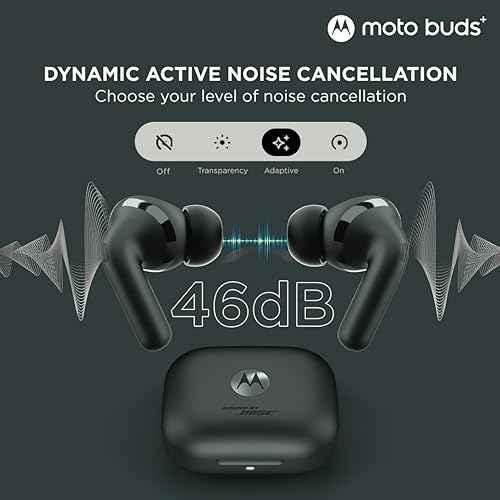 Image of Motorola Moto Buds+ (Forest Grey) | Sound by Bose | ANC up to 46 dB | Dual Drivers 11mm+6mm | Dolby Head Tracking | LHDC Hi-Res | 38 hrs Total | Fast & Wireless Charging | IP54 | BT 5.3, multipoint