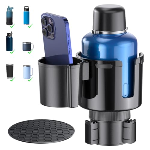 2-in-1 Car Cup Holder Expander, Upgraded Cup Adapter for Car with Offset Option,Phone Holder - Adjustable Base,Versatile Car Accessories Fits Yeti,Hydroflask & Large Water Bottles in 2.2