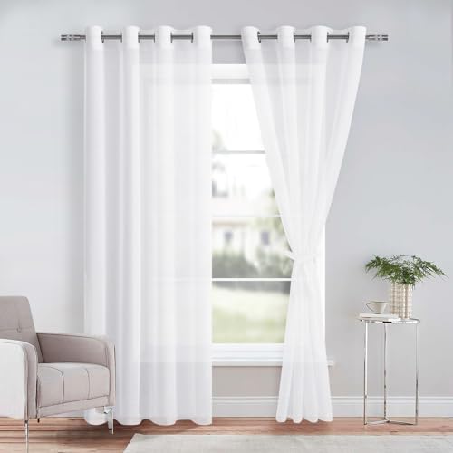DWCN Lot de 2 Rideaux Voilages Blanc à Oeillets pour Chambre Salon Decoration de Porte Fenetre, Rideau Courts Semi-Transparent Intérieurs, 140x240cm (Largeur...