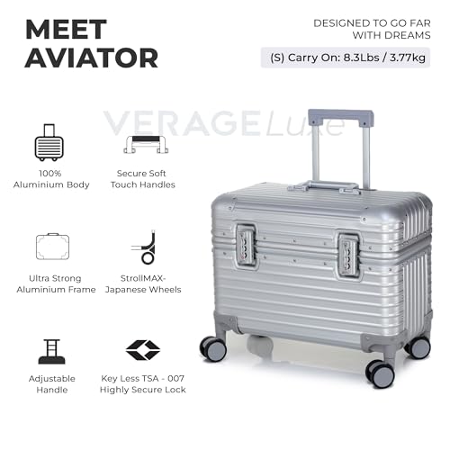 Image of Verage Luxe Aviator 100% Aluminum Hardside Spinner Luggage with Multi-Directional Wheels and Telescoping Handle (Silver)