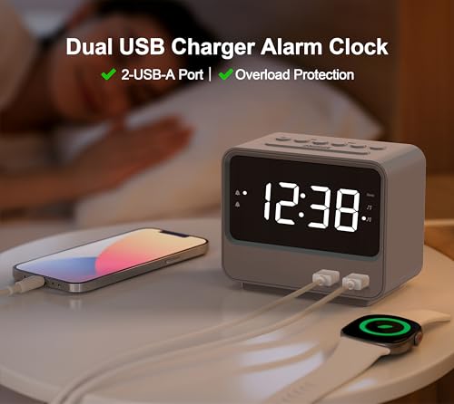 iTOMA Alarm Clock Radio for Bedrooms with Two USB Charging Port, Large Numbers with Adjustable Brightness, Bedside Digital FM Radio with Sleep Timer, Volume, Snooze, Led Digital Clock A23 (Grey) by iTOMA - Image 3