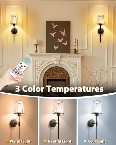 Image of Adetu 19.3 Inch Crystal Battery Operated Wall Sconces Set of 2 | Black Rechargeable Wall Lights with 10000mAh Dimmable Magnetic Bulb, RGB Wall Lamp for Bedroom Decor