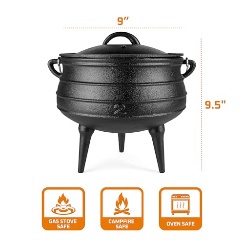 Bruntmor Pre-Seasoned Cast Iron Cauldron - 6 Quart African Potjie Pot with Lid - 3-Legged Dutch Oven for Camping and Over-the-Fire Cooking - Durable Outdoor Cookware for Stews, Chili, and Slow Cooking