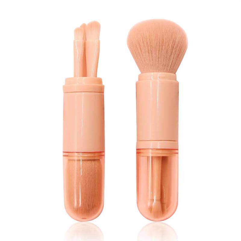Mini Portable Retractable Makeup Brush Set – 4-in-1 Multi-Use Blush, Powder & Eyeshadow Brushes (Pink)