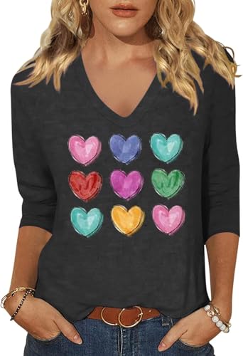 Image of Womens 3 /4 Sleeve V Neck Valentine T Shirts Love Heart Printed Graphic Tee Tops