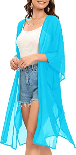 Image of Indian Trendy Women's Solid Puff Sleeve Kimono Long Cardigan Loose Cover Up Casual Blouse Top Chiffon