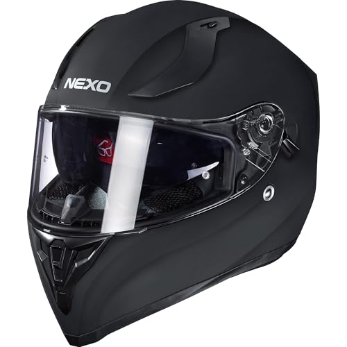 Nexo Integralhelm Motorradhelm Helm Motorrad Mopedhelm Sport II, herausnehmbare Polster, mehrfache Be-, Entlüftung, Windabweiser, klares Visier, Ratschenverschluss, Gewicht: 1.350 g, matt Schwarz, L
