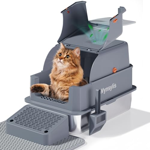 Wynsylis Stainless Steel Cat Litter Box with Lid – 180° Flip-Top XL Fully Enclosed, High Sided Box with Ramp & Scooper, Charcoal Odor Control Filter, Leak-Proof & Non-Stick