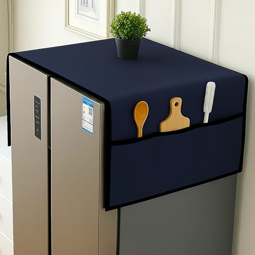 Image of Refrigerator Cover Double Door Waterproof, Dustproof, Refrigerator Top Cover, Protective Covers for Fridges with Extra Storage Space Nylon Top Fridge cover with 6 Storage Pocket (Navyblue,170 x 65 cm)