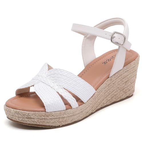 Wide Width Wedge Sandals for Women, Ankle Strap Cute Bowknot Open Toe Summer Shoes Platform Espadrille Wedge Dressy Women Sandals. 13 X-Wide White 8011