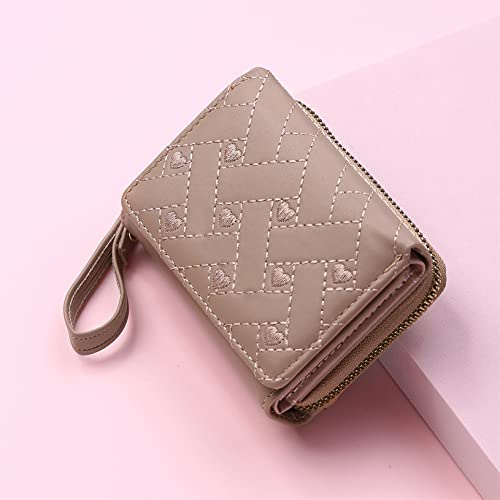 Embroidered Heart Small Wallet Credit Card Holders Cute Zipper Purses Slim Short Wallet for Women Girl,Khaki4
