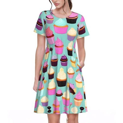 Robe d'été mi-longue EdWal avec motif cupcake ludique et col rond confortable