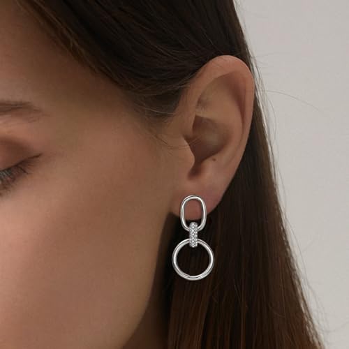 Silver Dangle Earrings for Women Trendy Sterling Silver Triple Hoop Stud Earrings Hypoallergenic Cubic Zirconia Circle Drop Dangle Earrings for Sensitive Ears Fashion Women's Earrings Christmas Gifts2