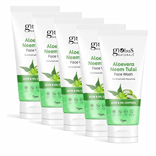 Image of Globus Naturals Aloe vera Neem Tulsi Enriched With Glycerin & Oil Control Formula Men & Women All Skin Types Face Wash 75gm (Pack of 5)