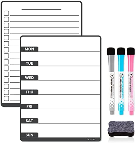 ALEZEL Magnetic Weekly Calendar for Fridge - 8.5"x6.5", Simple Dry Erase Menu Board Set for Fridge - Includes 1 Grocery List (to Do List) & 1 Weekly Meal Planner Whiteboard, 3 Markers + 1 Eraser