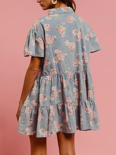 ebossy Women's Sweet Floral Denim Dress Button Up Ruffle Short Sleeve Flowy A Line Tiered Mini Shirt Dress2